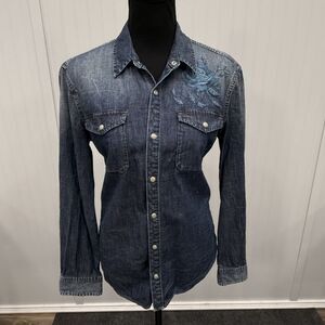 John Varvatos Women's XS Blue Mid Wash Denim Desert Rose Snap Button Front Shirt